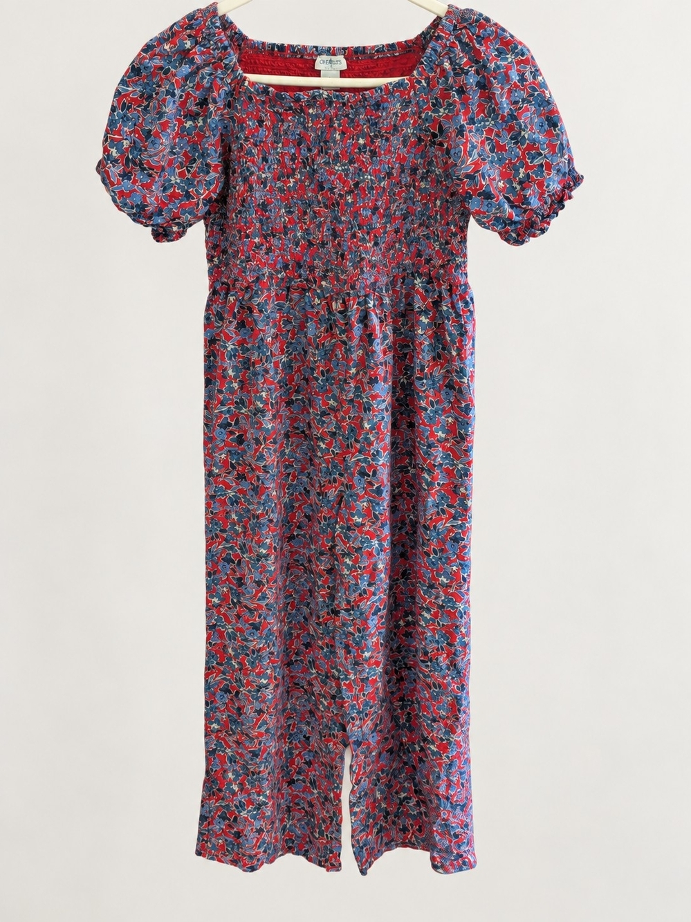 Crewcuts Red & Blue Floral Smocked Nightgown with Puff Sleeves